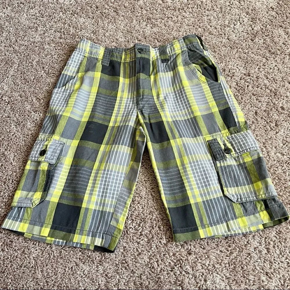 Arizona Jean Co Boys Plaid Cargo Shorts Yellow Gray Size 20